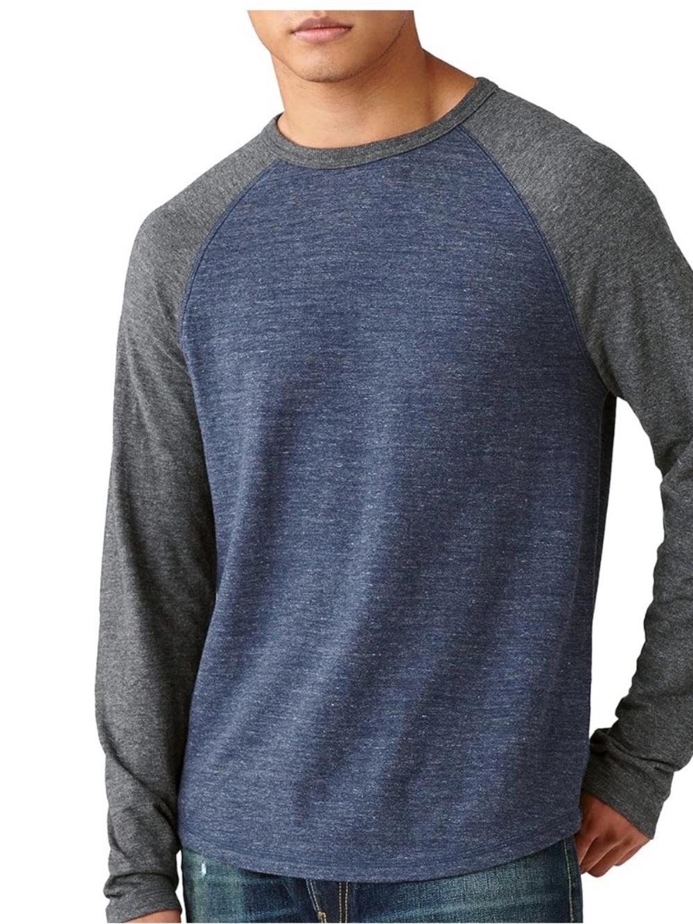 Lucky Brand Shirt Mens M Blue Gray Baseball T-Shirt Crew Neck Long Sleeve Cotton